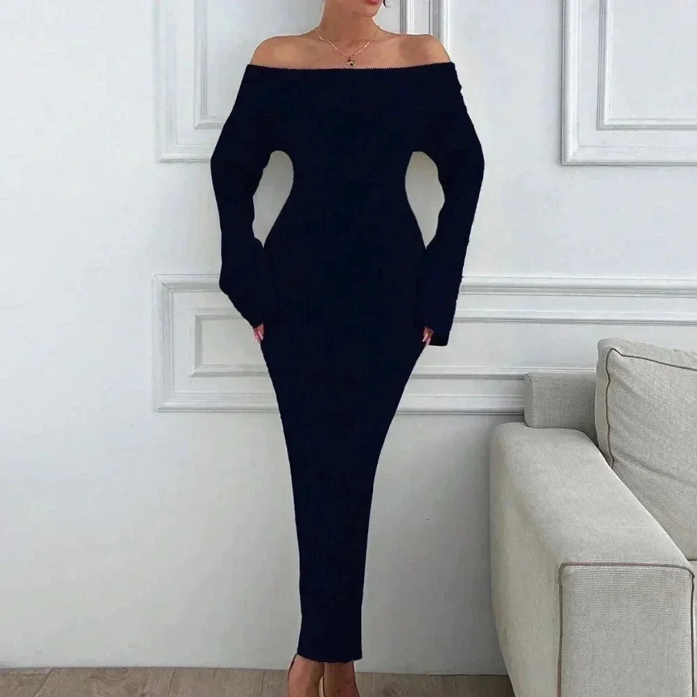 Black Elegant Women's Off Shoulder Sweater Maxi Dress Slim Fit - Picture 6 of 7